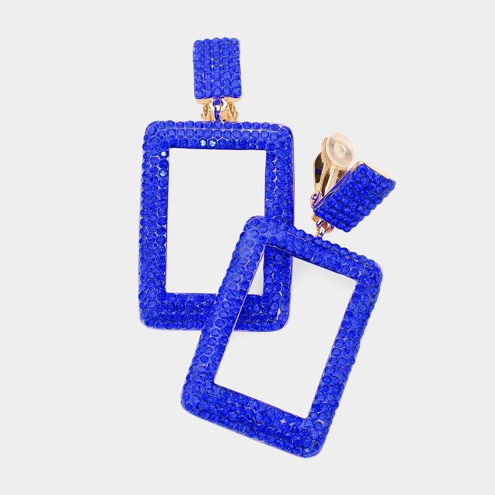Rhinestone Crystal Royal Blue ClipOn Hoop Rectangle Dangle Earrings